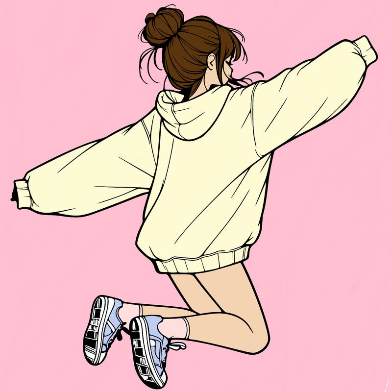 realistic girl jumping with a bun and oversized sweatshirt
