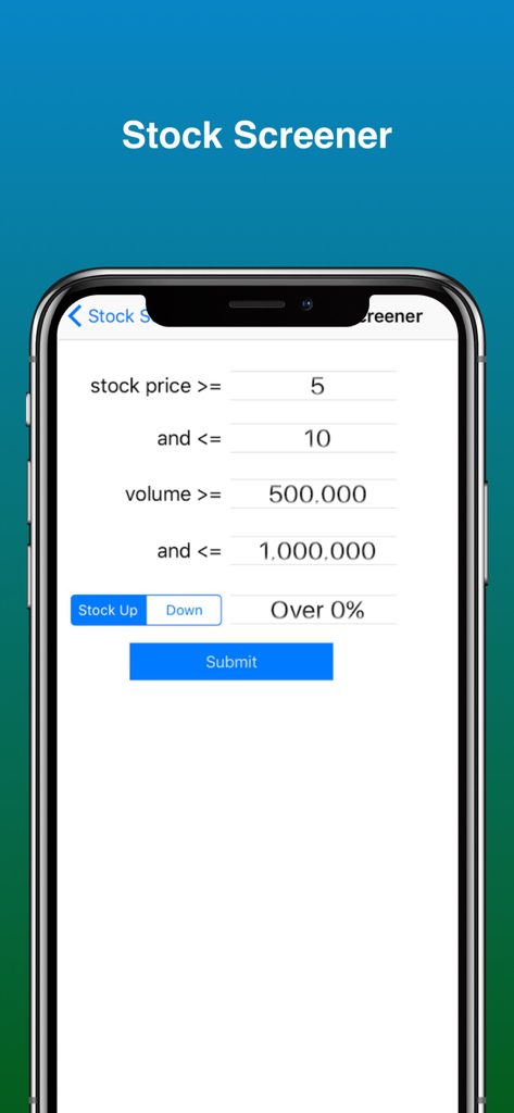 Stock Screener Pro - Technical - Interface for setting stock price and volume filters in Stock Screener Pro