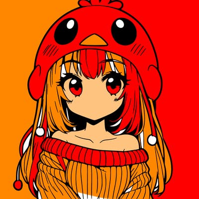 anime girl with chick shaped hat with sweater with bare shoulders with bangs covering them one eye with low tail