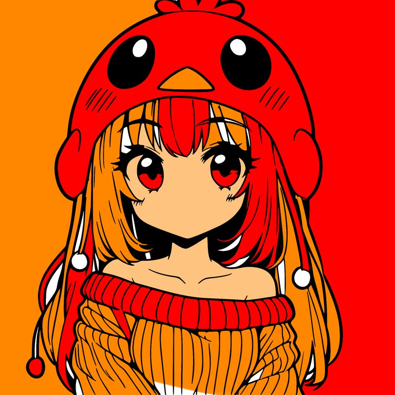 anime girl with chick shaped hat with sweater with bare shoulders with bangs covering them one eye with low tail