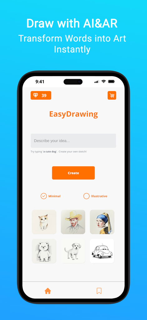 EasyDrawing AR: Sketch & Trace - Interface de l'application mobile EasyDrawing AR pour la génération de croquis par IA et le tracé