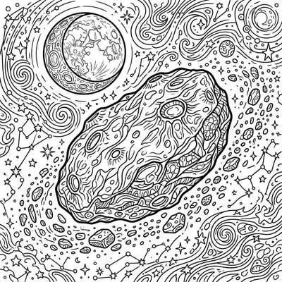 Embark on an epic artistic voyage through the night sky with this intricate coloring page featuring the famous Eros asteroid. Surrounded by a crescent moon and a galaxy of stars, this design offers a captivating celestial escape.