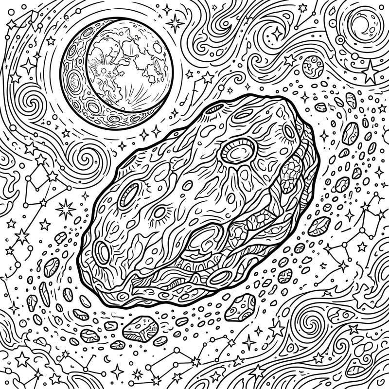 Embark on an epic artistic voyage through the night sky with this intricate coloring page featuring the famous Eros asteroid. Surrounded by a crescent moon and a galaxy of stars, this design offers a captivating celestial escape.