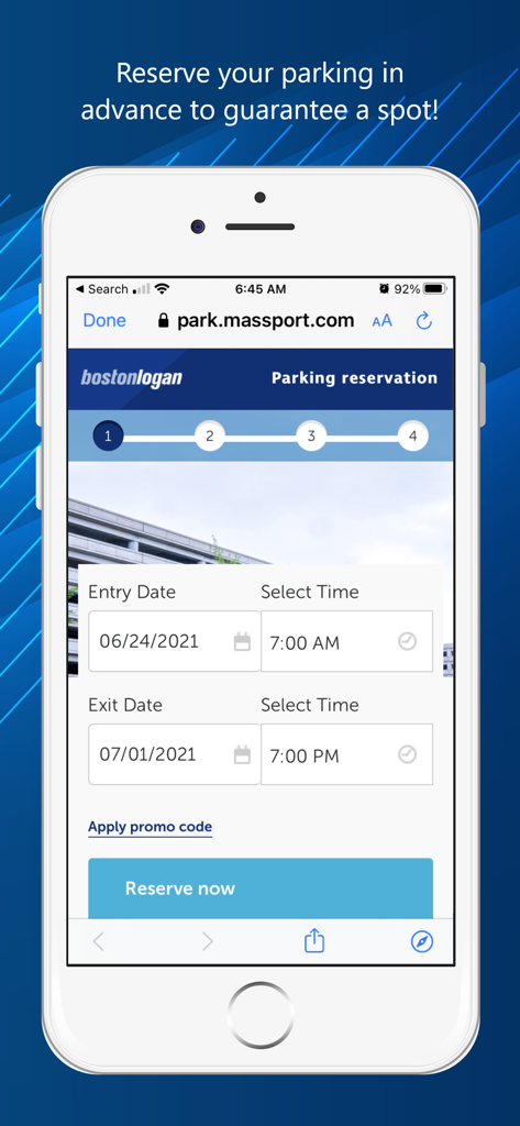 FlyLogan app parking reservation interface on a smartphone screen showing date and time selection