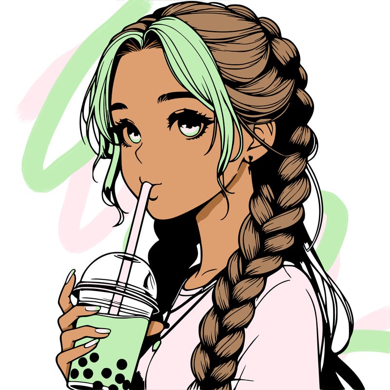 realistic girl with braided hair drinking boba