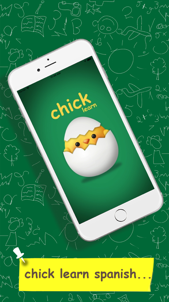Learn Spanish For Children - Smartphone screen showing the splash page of the Learn Spanish For Children app featuring a chick in an egg