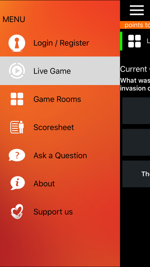 Navigation menu of The Sabbath School Challenge mobile app showing options for Live Game, Game Rooms, and Scoresheet on an orange background.