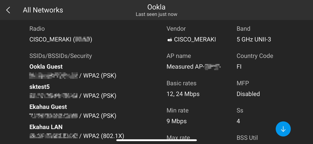 Configurazione dettagliata della rete Wi-Fi e informazioni SSID nell'app Ekahau Analyzer