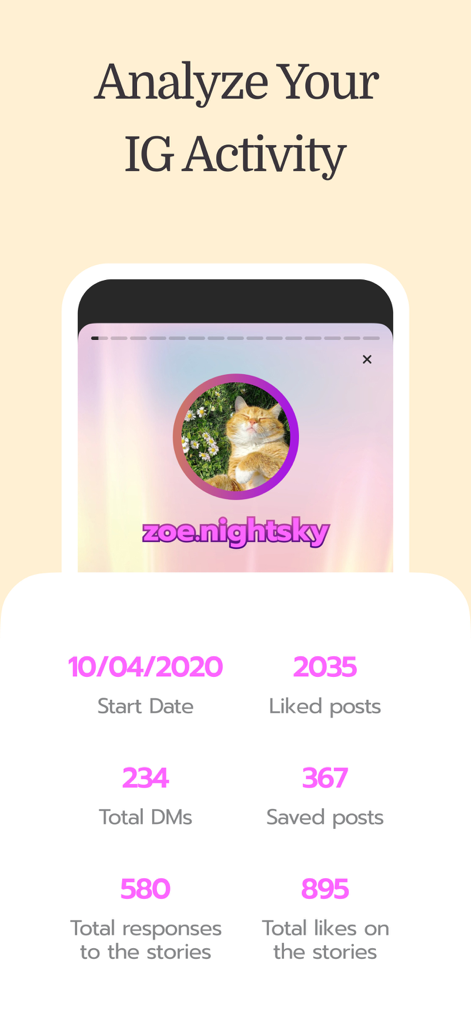 Instagram unfollowers: tracker - App interface displaying Instagram activity statistics such as total liked posts DMs and story interactions