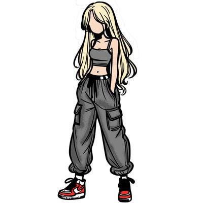 girl in baggy pants crop top and long hair