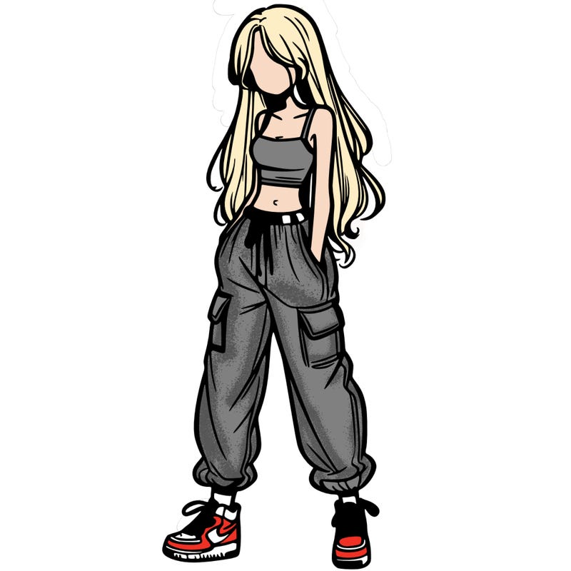 girl in baggy pants crop top and long hair