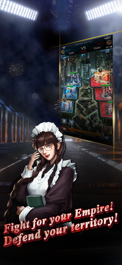 An illustrated character and empire battle screen from the mobile game Underworld Empire