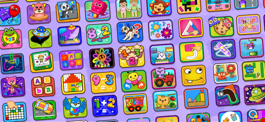 Piano Kids - Music & Songs NEW - A grid showing various colorful educational mini-games for toddlers including music, numbers, and animals