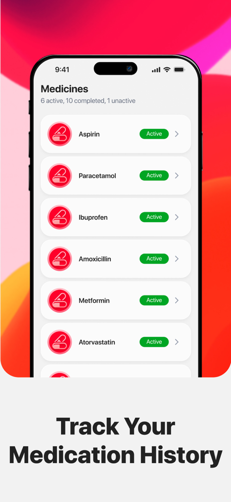 Pill Reminder - Health App - Medication list screen showing active prescriptions like aspirin and metformin in the health app