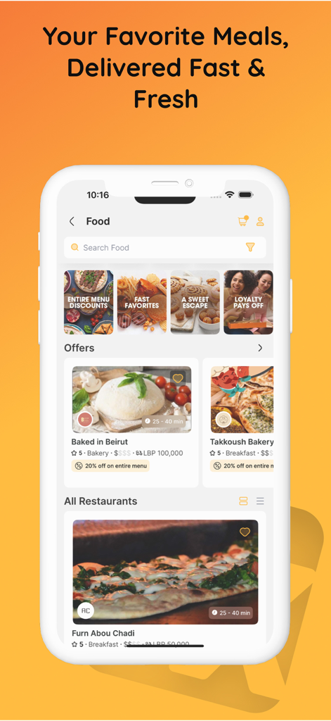 Écran de l'application mobile LYXA montrant les catégories de livraison de nourriture et les offres de restaurants locaux