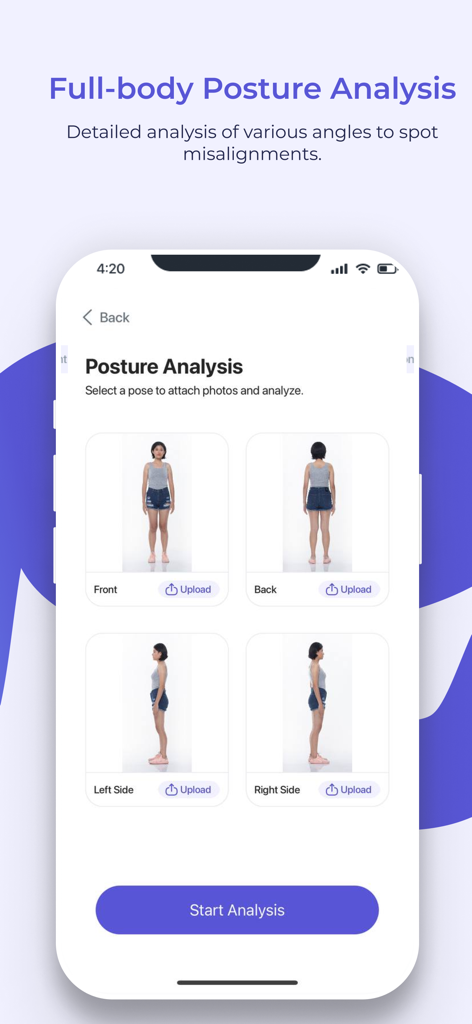Interface do aplicativo FlexiTrace para fazer upload de fotos de postura de quatro ângulos diferentes.