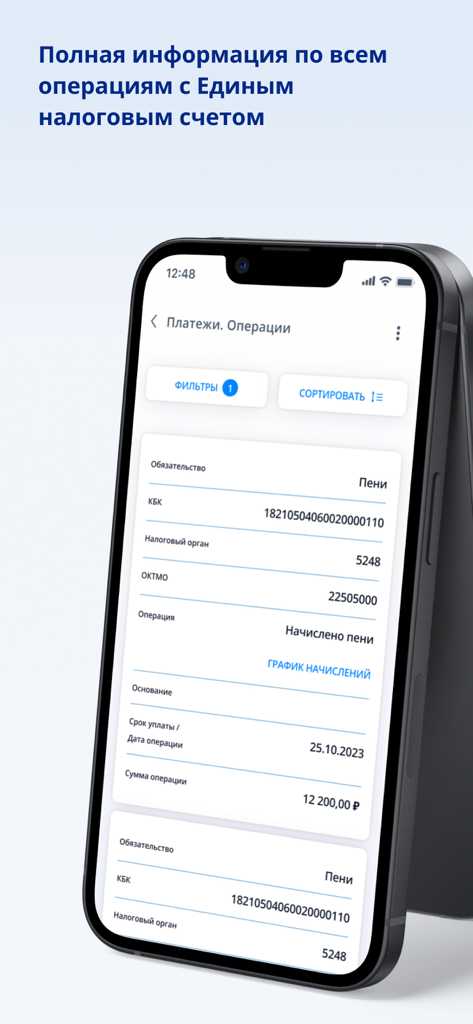 Smartphone screen displaying detailed tax transaction history and payment information for a Russian individual entrepreneur
