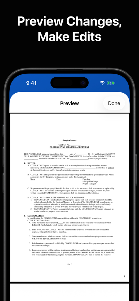 PDFコンバーターモバイルアプリケーション内でプロフェッショナルな契約書を表示するプレビュースクリーン