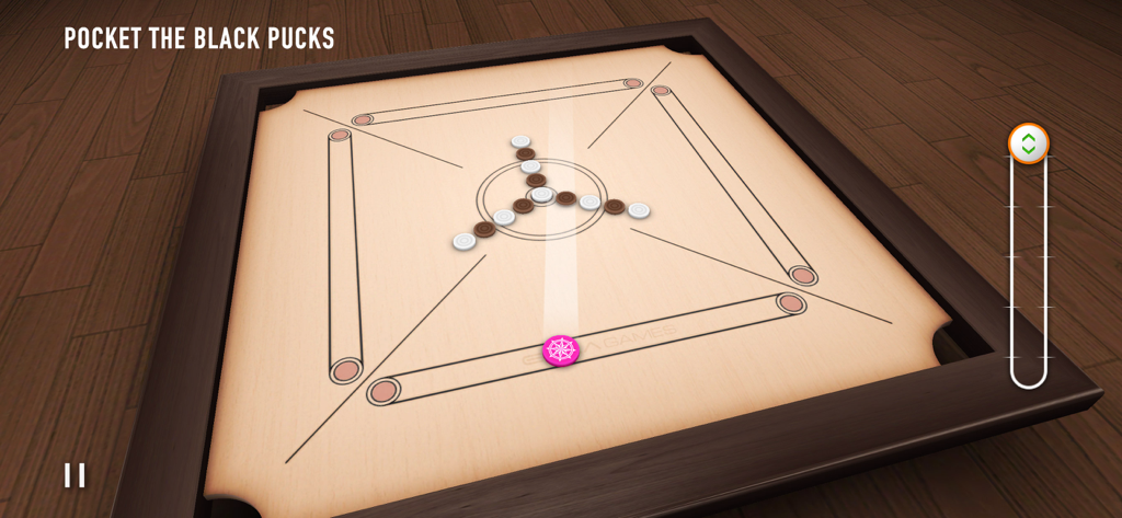 Carrom 3D board game showing the objective to pocket black pucks