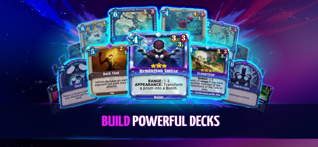 Krosmaga - A collection of Krosmaga character cards including Remington Smisse and Evangelyne with the text Build Powerful Decks