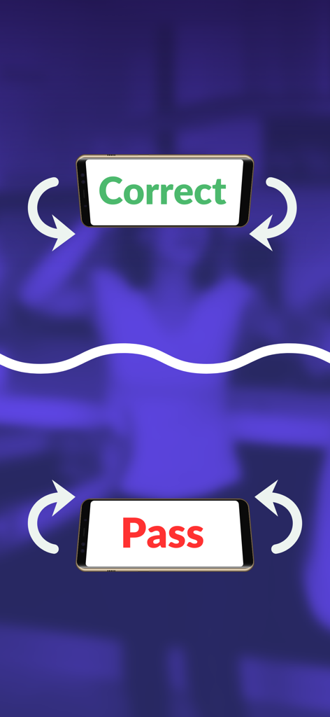 Charades : What am i - Graphic showing how to tilt the phone for correct and pass options in the charades game