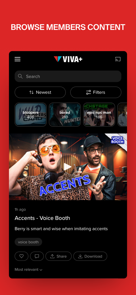 Viva+ TV - Viva Plus TV app interface showing browse members content with video categories like bloopers and bored