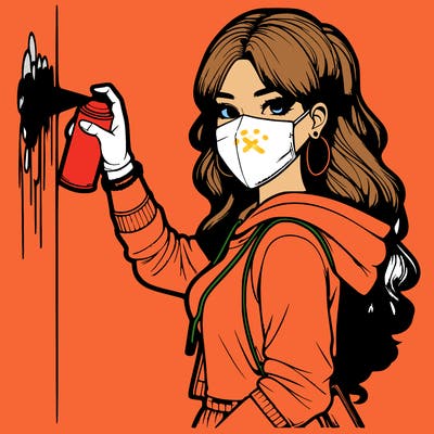 realistic girl with mask spray painting a wall