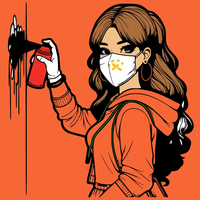 realistic girl with mask spray painting a wall