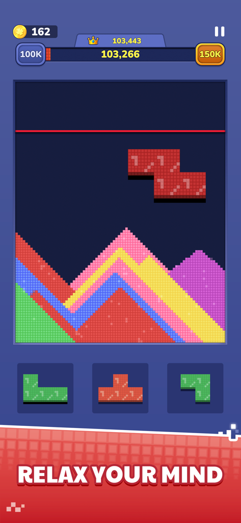 Sand Block Color Escape Puzzle - Tela de jogo de quebra-cabeça de areia colorida com o texto Relaxe Sua Mente.