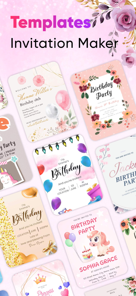 Birthday Greeting Card Creator - A variety of colorful and aesthetic birthday invitation templates for kids and adults