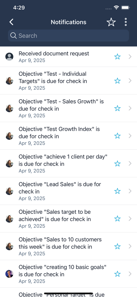 peopleHum - peopleHum mobile app notifications interface showing objective check-in reminders and document requests