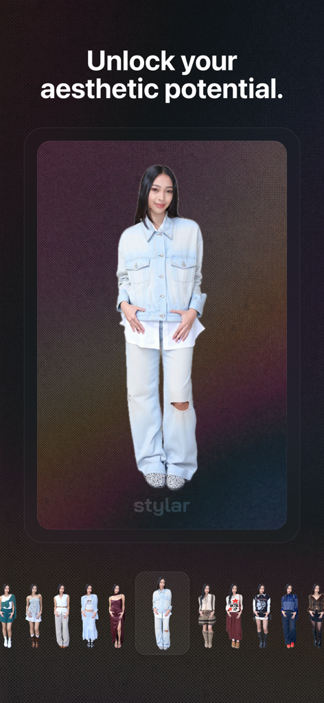 Stylar - Interfaz de la app Stylar mostrando prueba virtual de moda con varios estilos de ropa para inspiración