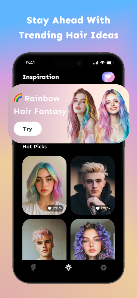 Style My Hair - Haircut Filter - App interface displaying trending hairstyle ideas and colorful hair filters for men and women