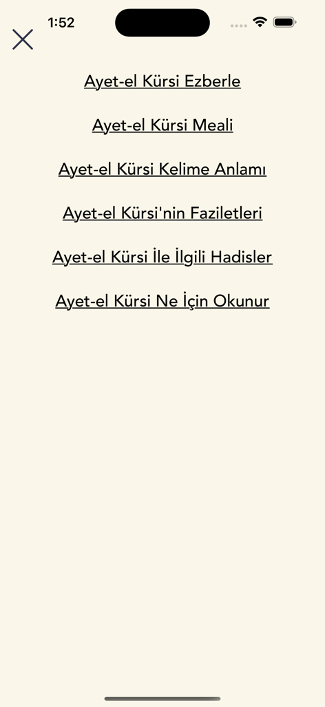 Ayetel Kürsi Duası - Main menu interface of the Ayetel Kursi Duasi app featuring prayer study options