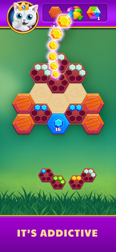 Hexa Diamonds - Hexagonal gem puzzle gameplay in Hexa Diamonds with Gustav the cat mascot