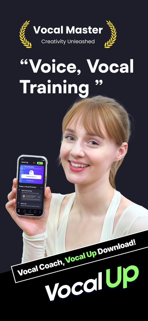 A young woman smiling and holding a smartphone displaying the Vocal Up vocal training coach app interface.