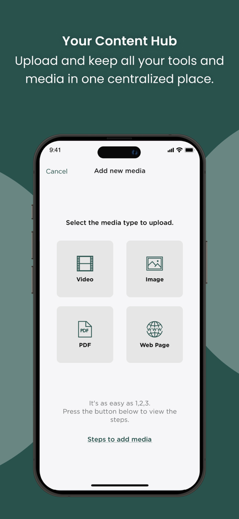 Partner.Co Share - Écran de l'application Partner.Co Share montrant les options de téléchargement de médias pour les vidéos, images et documents PDF