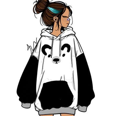 realistic girl with a oversized sweatshirt on and a bun