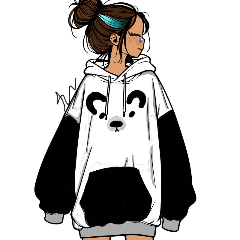 realistic girl with a oversized sweatshirt on and a bun
