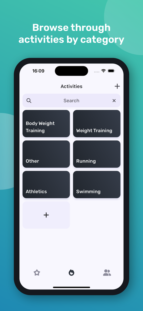Personal Best - Record Tracker - Personal Best App-Bildschirm, der Fitnessaktivitätskategorien wie Krafttraining, Laufen und Schwimmen zeigt.