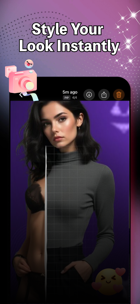 Snapt - Shutter - Vista previa de la aplicación Snapt Shutter mostrando una foto en pantalla dividida con el texto Estiliza tu Look al Instante