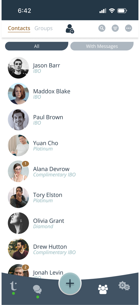 Topics™ - A contact list screen in the Topics app showing various team members and their professional business statuses.