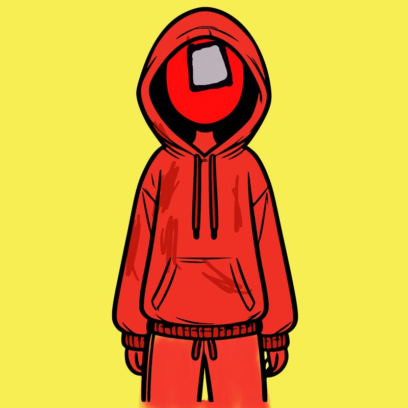 faceless girl in a tracksuit with a hood on and no hair