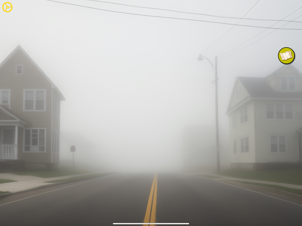 The Backrooms - Uma rua suburbana assustadora envolta em uma névoa branca espessa com casas de cada lado de The Backrooms game.