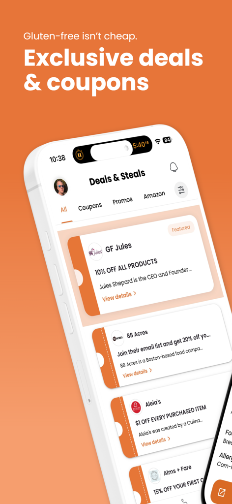 Gluten Dude: GF Restaurants - A mobile screen from the Gluten Dude app showing exclusive deals and coupons for gluten-free brands and products.