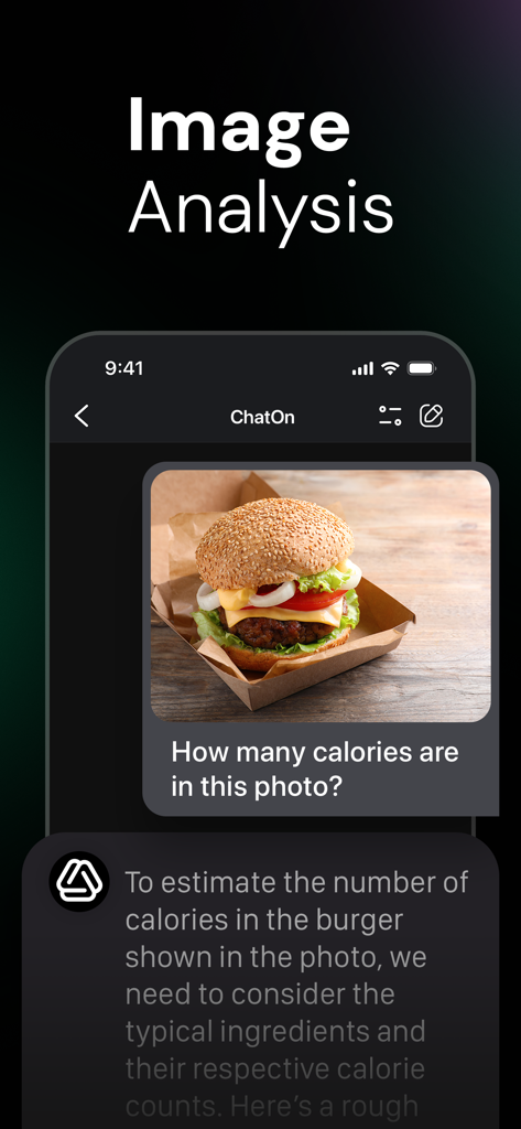 Interfaz de análisis de imágenes de ChatOn AI estimando las calorías de una foto de hamburguesa.