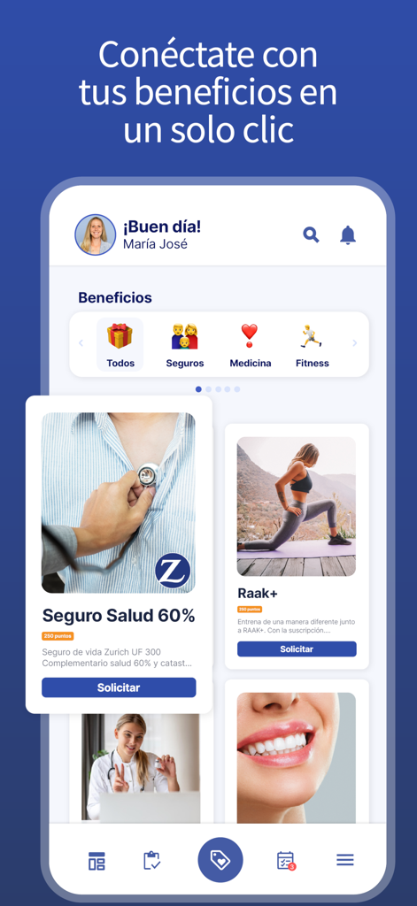 Buk - Mobile interface of the Buk app showing an employee benefits portal with sections for health insurance and fitness