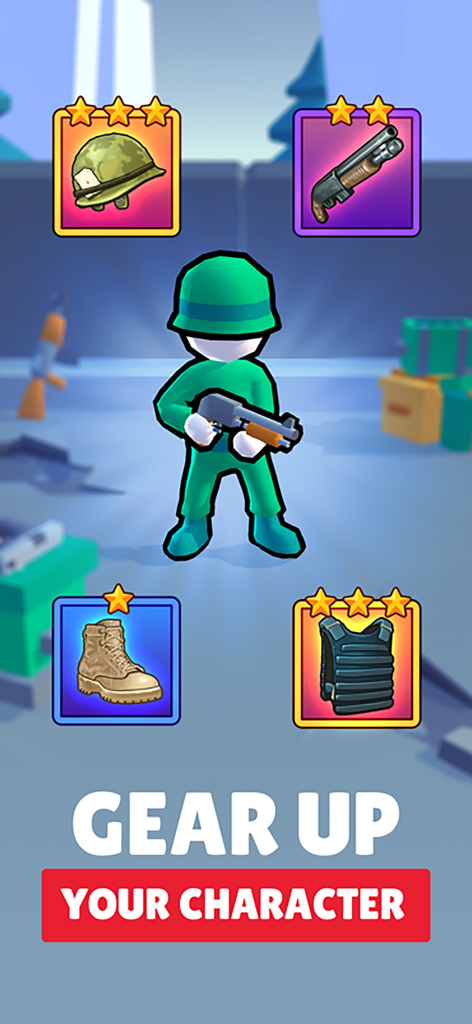 Stickman of Wars: RPG Shooters - Stickman character showing military equipment upgrades including a helmet shotgun boots and tactical vest