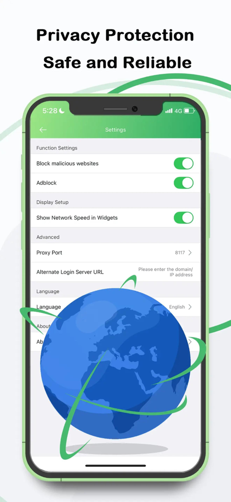 Pantalla de configuración de la aplicación móvil PandaVPN mostrando protección de la privacidad y funciones de bloqueo de anuncios.