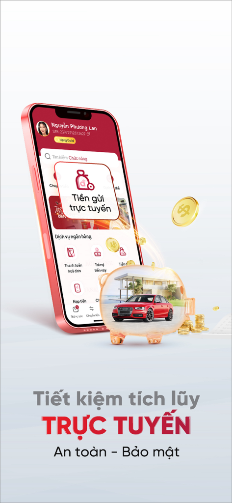 Agribank Plus mobile app screen showcasing online accumulation savings with a piggy bank and security features.